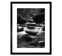 Artery8 Wall Art Print Zen Stacking Stones in River Black & White Photo Artwork Framed 9X7 Inch | Size: W7" x H9" Artery8 Black W7" x H9"