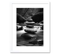 Artery8 Wall Art Print Zen Stacking Stones in River Black & White Photo Artwork Framed 9X7 Inch | Size: W7" x H9" Artery8 White W7" x H9"