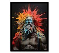 Artery8 Zeus God of Thunder Greek Mythology Conceptual Artwork Orange Pink Blue on Black Olympus God Crown Halo Mixed Media Artwork Framed Wall Art Print A4