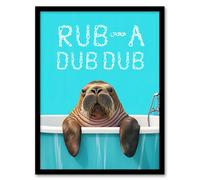 Artery8 Walrus in Bathtub Bath Time Rub A Dub Funny Framed Art Print in Blue | Size: W12" x H16" Artery8 Blue W12" x H16"