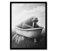 Walrus in Bathtub Black White Coastal Surreal Framed Art Print Artery8 Grey A4