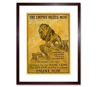 Artery8 War Advert British Empire Enlist Recruit Lions Poster Artwork Framed Wall Art Print 12X16 Inch