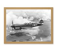 War Military Vintage US Airforce Fighter Plane Black White P-40 Artwork Framed Wall Art Print A4 Artery8 Light Oak One Size