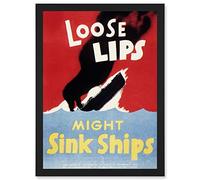 Artery8 War World WW2 USA Loose Lips Sink Ships A4 Artwork Framed Wall Art Print in Black Artery8 Black