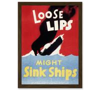 War World WW2 USA Loose Lips Sink Ships A4 Artwork Framed Wall Art Print Artery8 Brown One Size