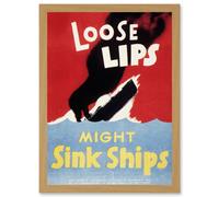 War World WW2 USA Loose Lips Sink Ships A4 Artwork Framed Wall Art Print Artery8 Light Oak One Size