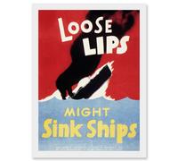 War World WW2 USA Loose Lips Sink Ships A4 Artwork Framed Wall Art Print Artery8 White One Size
