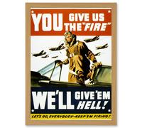 War World WW2 USA Pilot Fighter Advert Jet Plane Give Em Hell A4 Artwork Framed Wall Art Print Artery8 Light Oak One Size