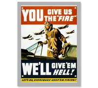 Artery8 War World WW2 USA Pilot Fighter Advert Jet Plane Give Em Hell A4 Artwork Framed Wall Art Print in Light Grey Artery8 Light Grey