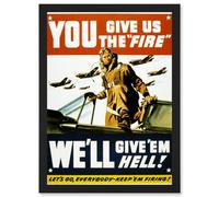 Artery8 War World WW2 USA Pilot Fighter Advert Jet Plane Give Em Hell A4 Artwork Framed Wall Art Print in Black Artery8 Black