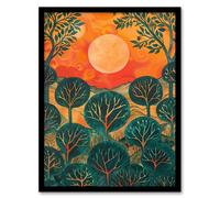 Artery8 Warm Sunrise Over Forest Painting Nature Living Room Artwork Framed Wall Art Print A4