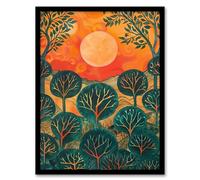 Artery8 Warm Sunrise Over Forest Painting Nature Living Room Artwork Framed Wall Art Print 18X24 Inch