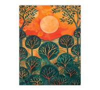 Artery8 Warm Sunrise Over Forest Painting Nature Living Room Large Wall Art Poster Print Thick Paper 18X24 Inch