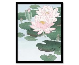 Artery8 Water Lily Pads Pink Flower Bloom Framed Wall Art Print Japanese : Artwork by Koson A4 Calming botanical composition filled with colour, ideal for bright bedrooms or living rooms