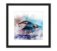Artery8 Watercolour Filter Kingfisher Bird River Photo 8X8 Inch Square Wooden Framed Wall Art Print Picture with Mount in Black Artery8 Black