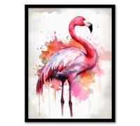 Artery8 Watercolour Flamingo Pink Ink Splat Design Watercolour Artwork Framed Wall Art Print A4