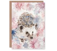 Artery8 Greeting Card Watercolour Hedgehog and Flowers Pink Pastel Blank For All Him Or Her Art Birthday Card