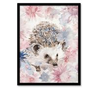 Artery8 Watercolour Hedgehog and Flowers Pink Pastel Living Room Artwork Framed Wall Art Print A4