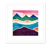 Artery8 Watercolour Himalayan Mountain Range Blood Red Sky Colourful Square Wooden Framed Wall Art Print Picture 8X8 Inch in White Artery8 White