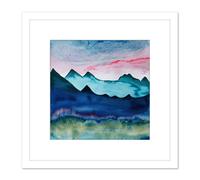 Artery8 Watercolour Mountain Meadow Pink Sky Modern Ink On Paper Style Square Wooden Framed Wall Art Print Picture 8X8 Inch in White Artery8 White
