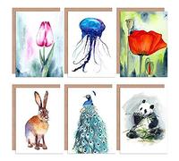 Artery8 Watercolour Nature Animals Flowers All Occasions Various Assorted Blank Greeting Cards With Envelopes Pack of 6
