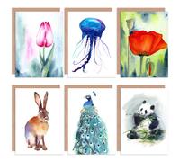 Artery8 Watercolour Nature Animals Flowers All Occasions Various Assorted Greeting Cards With Envelopes Pack of 6 Artery8 Multicolor