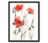 Artery8 Watercolour Poppy Flowers Bright Abstract Floral Living Room Artwork Framed Wall Art Print A4