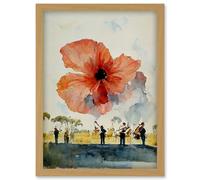 Artery8 Watercolour War Memorial Remembrance Day Poppy Brass Band Artwork Framed Wall Art Print A4 in Light Oak Artery8 Light Oak