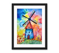 Artery8 Watercolour Windmill Netherlands Folk Art Artwork Framed Wall Art Print 18X24 Inch