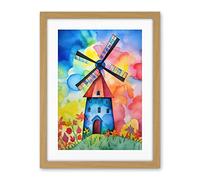 Artery8 Watercolour Windmill Netherlands Folk Art Artwork Framed Wall Art Print 18X24 Inch