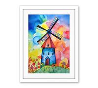 Artery8 Watercolour Windmill Netherlands Folk Art Artwork Framed Wall Art Print 18X24 Inch