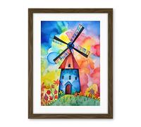 Artery8 Watercolour Windmill Netherlands Folk Art Artwork Framed Wall Art Print 18X24 Inch