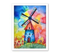Artery8 Watercolour Windmill Netherlands Folk Art Artwork Framed Wall Art Print 18X24 Inch
