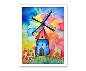 Artery8 Watercolour Windmill Netherlands Folk Art Artwork Framed Wall Art Print 18X24 Inch