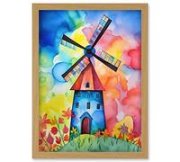 Artery8 Watercolour Windmill Netherlands Folk Art Artwork Framed Wall Art Print A4