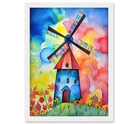Artery8 Watercolour Windmill Netherlands Folk Art Artwork Framed Wall Art Print A4
