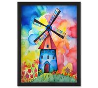 Artery8 Watercolour Windmill Netherlands Folk Art Artwork Framed Wall Art Print A4