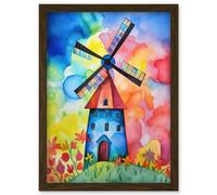 Artery8 Watercolour Windmill Netherlands Folk Art Artwork Framed Wall Art Print A4