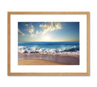 Artery8 Waves Crushing at Sandy Beach Shore Ocean Sea Summer Sunny Coastal Landscape Photograph Print Framed Wall Art Print Picture 12X16 inch Artery8 Light Oak