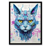 Artery8 Weaponized Cat Robot Hybrid Secret Military Schematic Blueprint Futuristic Complex Arcane Manuscript Gift For Him Man Cave Art Print Framed Artery8 Black W12" x H16"