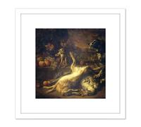 Artery8 Weenix Still Life Monkey Dog Dead Game 8X8 Inch Square Wooden Framed Wall Art Print Picture with Mount in White Artery8 White