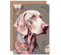Artery8 Weimaraner Dog Portrait with Flower Patterns Modern Detailed Illustration Art Birthday Sealed Greeting Card Plus Envelope Blank inside
