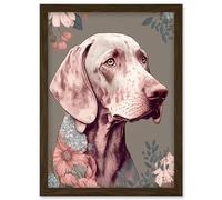 Artery8 Weimaraner Dog Portrait with Flower Patterns Modern Detailed Illustration Artwork Framed Wall Art Print A4 in Brown Artery8 Brown