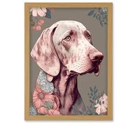 Artery8 Weimaraner Dog Portrait with Flower Patterns Modern Detailed Illustration Artwork Framed Wall Art Print A4 in Light Oak Artery8 Light Oak
