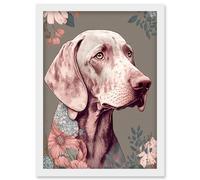 Artery8 Weimaraner Dog Portrait with Flower Patterns Modern Detailed Illustration Artwork Framed Wall Art Print A4 in White Artery8 White