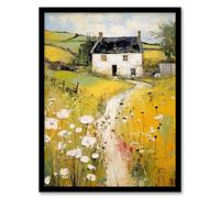 Artery8 Welsh Countryside Cottage Rolling Hills And Wildflowers Bright Oil Painting Artwork Framed Wall Art Print A4