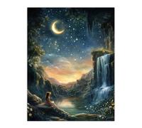 Wendy in Neverland Lake Magical Forest Waterfall Wall Art Print Artery8 Blue W24 inch x H32 inch