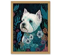 Artery8 West Highland White Terrier in Flowers Dark Multicoloured Linocut Illustration Artwork Framed A3 Wall Art Print