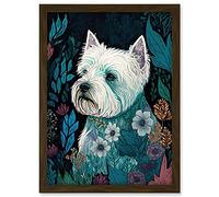 Artery8 West Highland White Terrier in Flowers Dark Multicoloured Linocut Illustration Artwork Framed A3 Wall Art Print