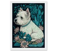 Artery8 West Highland White Terrier Sitting in Flower Field Modern Dark Illustration Artwork Framed Wall Art Print A4 Artery8 White